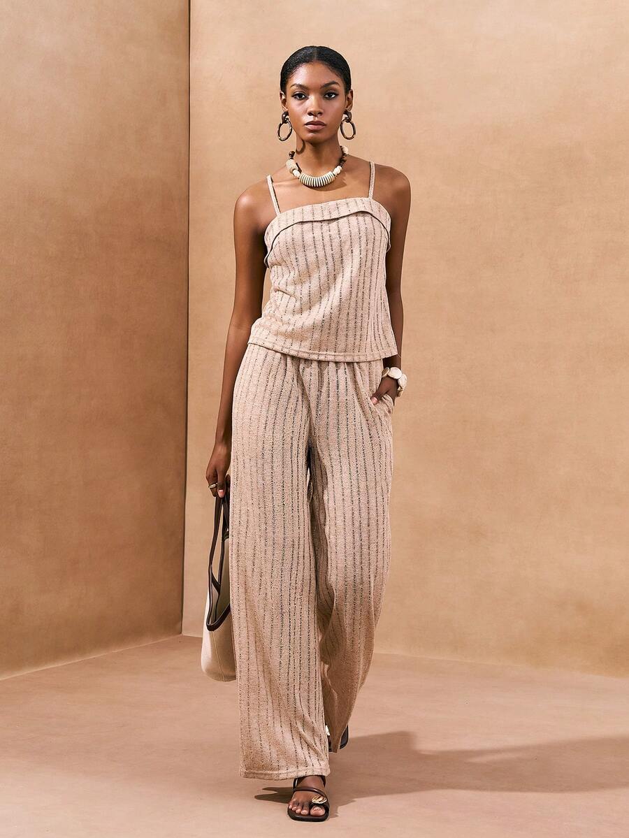 Zivah 2026春夏新款音乐节、复活节、圣帕特里克节、情人节、约会、西部风、游牧风、生日派对、毕业典礼、大学、学生、日常穿着、百搭基础款、休闲、度假、邮轮旅行、海滩、日光浴、热门单品、街头风、婚礼宾客波西米亚风、通勤、早午餐、机场、派对、假日郊游、办公穿着、吊带针织网眼上衣和阔腿裤、宽松针织杏色套装