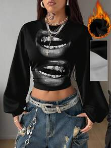 Coolane Casual Minimalist Street Style Black White Gray Lip Print Pattern Women Thickened Fleece Sweatshirt, Suitable For Autumn/Winter - Multicolor - View 6