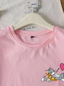 TOM & JERRY X SHEIN Women's Casual Everyday Commute Valentine's Day Cute Cartoon Heart & Letter Graphic Short Sleeve Pink T-Shirt - Pink - View 4