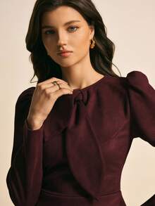 Poéselle 女士优雅结领荷叶边上衣搭配泡泡袖和喇叭裤两件套，适合工作和通勤，春秋季穿着。 - 酒紅色 - 查看 5