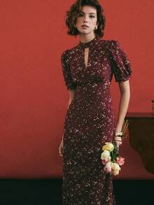 Poéselle Women's Ditsy Floral Keyhole Neck Puff Sleeve Elegant Dress,Red Dress,Valentine's Day,Valentine's Day Outfit,Floral Dress,Elegant Dresses For Women,Holiday Outfits For Women,Birthday Dresses For Women ,Spring/Summer - Burgundy - View 1