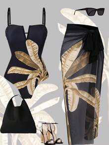 Swim Oasis Bộ đồ bơi nữ 2 mảnh in họa tiết gồm áo quây và váy lưới, kiểu dáng thường ngày, thích hợp cho kỳ nghỉ biển năm 2026. - màu đen - Xem 1