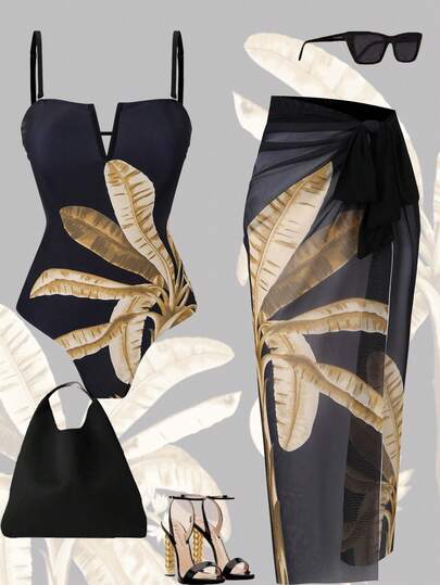 Swim Oasis 2026 New Women 2pcs Printed Bandeau Swimsuit & Mesh Skirt Beach Vacation Casual Swimwear Set