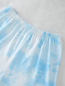 SHEIN 女童卡通兔子字母印花浅蓝色吊带背心+荷叶边短裤套装，面料柔软舒适，儿童休闲可爱睡衣 - 彩色 - 查看 4