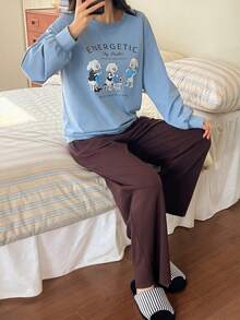 DAZY Cartoon Print Loose Women Pajama Set - Blue - View 5