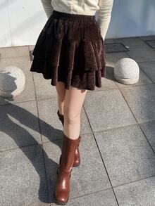 FRIFUL 女士丝绒弹力腰迷你蛋糕裙 - 鏽棕色 - 查看 2