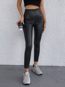 EURMUSE Tall Tall Size High Waist PU Leggings - Black - View 5