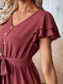 Selamara Women's Solid Color Ruffle Sleeve Tie Waist Midi Dress - Rusty Rose - View 3