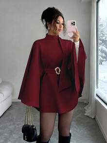 Elenzga Women's Fashionable Elegant Solid Color Asymmetrical Metal Buckle Jacket, Christmas - Burgundy - View 1