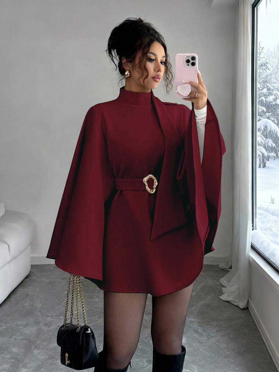 Elenzga Women's Fashionable Elegant Solid Color Asymmetrical Metal Buckle Jacket, Christmas - Burgundy - View 1