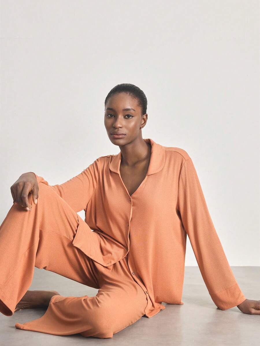 Ocili Conjunto de pijama de pantalón y blusa de manga larga de un solo botonadura de unicolor para mujer