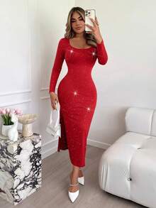 Xyvia 优雅性感圆领修身长开衩连衣裙，适合万圣节派对、圣诞节、秋冬季 - 紅色 - 查看 5