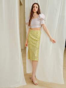 MOTF PREMIUM 侧开衩蕾丝花边短裙 - 黃色 - 查看 5