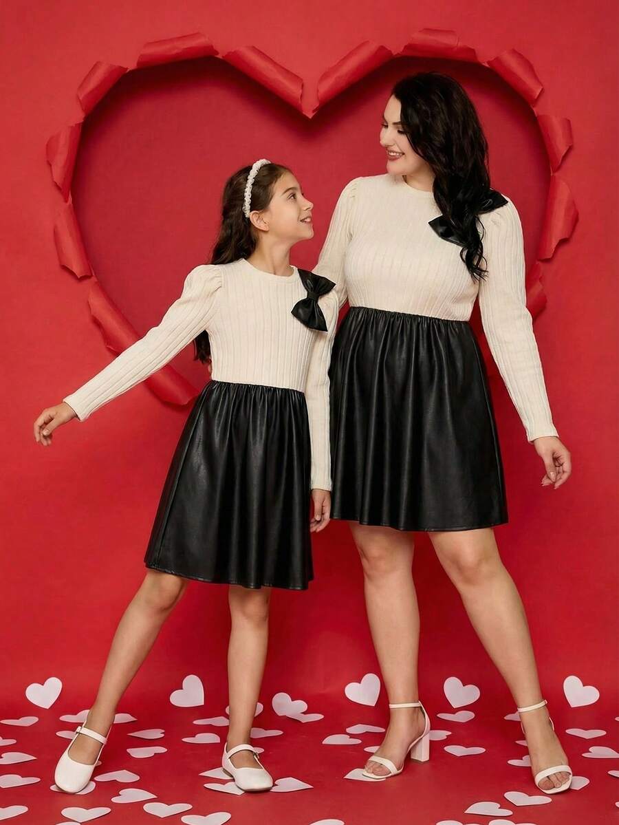 少女休闲蝴蝶装饰撞色长袖连衣裙，秋季 - 彩色 - 查看 1