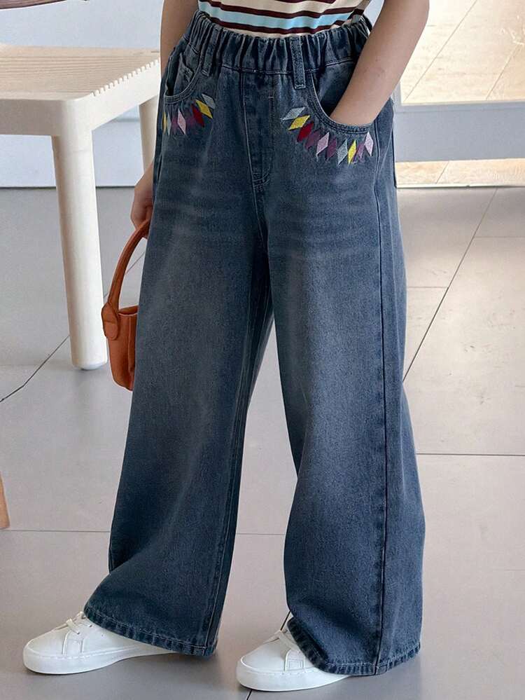 Tween Girls' Geometric Embroidery Elastic Waist Pockets Wide Leg Loose Casual Jeans