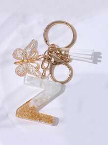 可爱字母钥匙扣 白金钥匙链，大写字母金箔树脂钥匙扣挂件，带蝴蝶流苏吊坠，时尚钥匙链，女士礼物，钱包包包装饰，父亲节、母亲节、生日礼物、感恩节和圣诞节节日礼物 - 白金色 - 查看 16