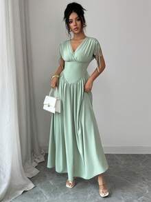 SHEIN Elenzya Women's V-Neck Oversized Inverted Triangle Waist Adjustable Drawstring Shoulder Maxi Dress, Elegant French Vintage Romantic Casual Beach Resort Style, Suitable For Valentine's Day, Afternoon Tea, Party, Spring/Summer
