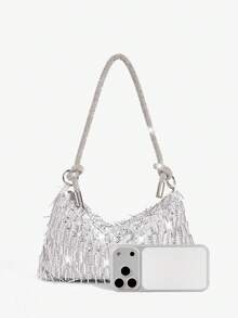 SHEIN SXY 女士晚宴包、单肩包、流浪包，时尚奢华，镶钻，闪亮，银色，亮片，串珠，适合鸡尾酒会、派对、舞会、俱乐部、约会、生日、晚宴、宴会等场合。 - 銀色 - 查看 4