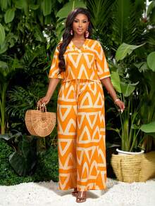 Brilight 新款春夏几何印花两件套：宽松上衣和宽松长裤。适合日常休闲穿着、度假、海滩郊游、阳光明媚的日子、音乐节、通勤等场合。女士夏季两件套。 - 橘色 - 查看 1