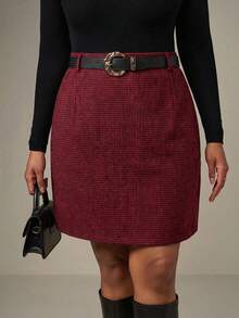 SHEIN Tall CURVE Plus Houndstooth Print Straight Skirt Without Belt - Red - View 5