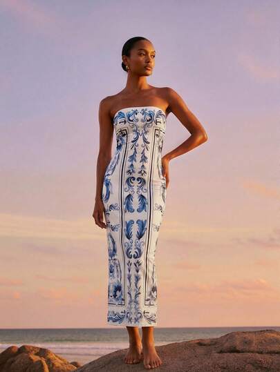 CAJUNI Women's Long Dress Blue And White Summer Woven Slim Fit, Strapless Bodice, Classical Baroque Floral Print, Floor-Length Maxi Dress, Romantic Resort Style For Beach Vacation, Holiday Gathering & Summer Evenings,Summer Dress,Spring Outfit Women,Valentine's Day,New Year,Beach Dress,Casual Dresses For Women,Vacation Outfits Women,Floral Dress