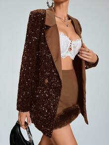 Aveloria Modichic Stylish Design Loose Sequin Fabric Patchwork Blazer Jacket  - Brown - View 5