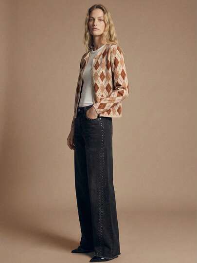 Maija Women's Multi-Color Argyle Pattern Cardigan, Basic Urban Commute Style, Elegant And Fashionable Business Casual, Suitable For Office, Teacher