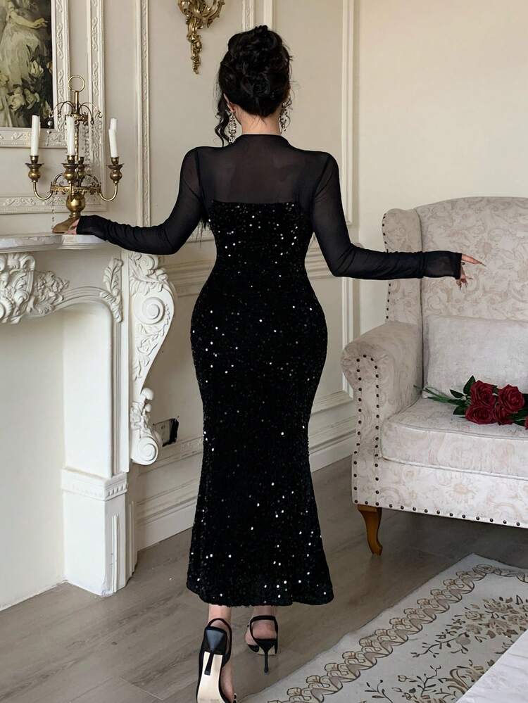 Spring/Summer Elegant Rhinestone Sequin Decor Slim Fit Patchwork Waist Dress, Suitable For Wedding, Party, Formal Occasion Sparkly Dress Sundress