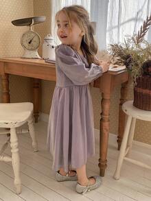 DAZY Girls (Small) V-Neck Satin Shiny Casual Long Sleeve Dress, Korean Style - Mauve Purple - View 5