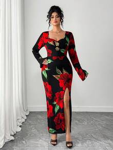 Elenzga Plus Size Elegant Commuter Floral Print High Slit Dress