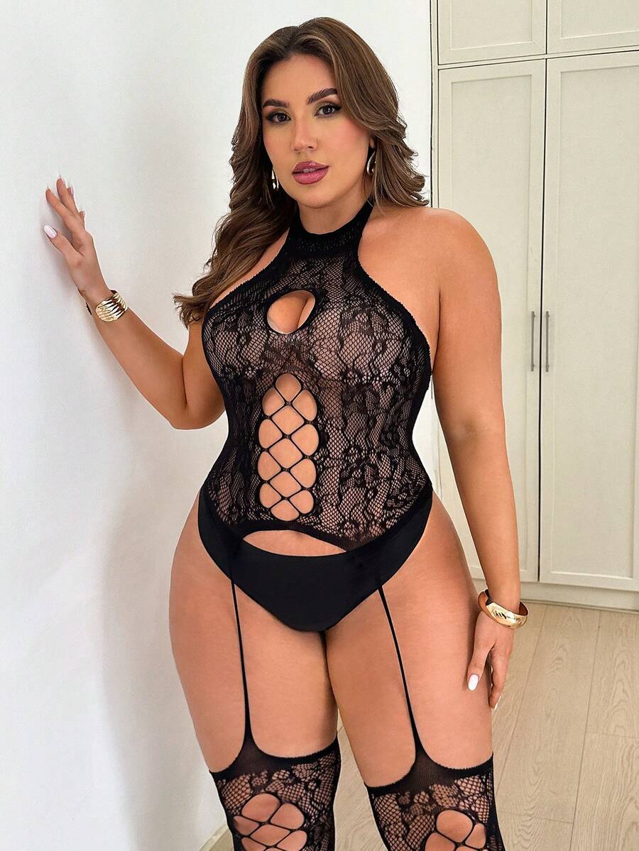 SHEIN Plus Size Women's Hollow Out Halter Sexy Bodystocking - Black - View 1
