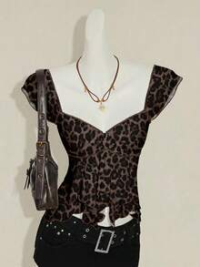 SHEIN ICON Women's Retro Leopard Print Knit Double-Layer Ruffle Hem Sweetheart Neck Cap Sleeve Elegant T-Shirt, Suitable For Casual Street Wear, Chic, Y2K Spring - Multicolor - View 11