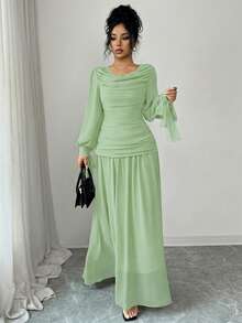 Elenzga 女士优雅雪纺连衣裙，荷叶边领口，灯笼袖，系带腰身设计，适合鸡尾酒会、婚礼、毕业典礼、万圣节、圣诞节、沙特国庆日、新年等正式场合，棕色 - 綠色 - 查看 3