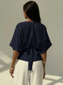 Aloruh Elegant Solid Color Crew Neck Short Sleeve Blouse, Minimalist Loose Fit, Bowknot Tie Back Design, Versatile For Office Commute, Apricot - Navy Blue - View 2
