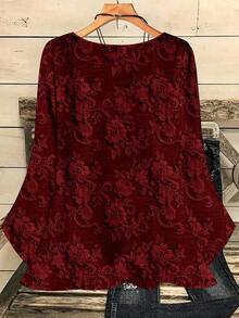EMERY ROSE Plus Size Women Casual All-Over Print Round Neck Loose 3/4 Sleeve Shirt, Autumn/Winter Valentine's Day - Burgundy - View 2