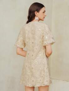 MOTF PREMIUM VESTIDO DE MANGA ABULLONADA CON MALLA DE CONTRASTE - Albaricoque - Ver 5