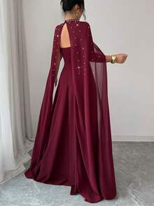 SHEIN Elenzya Pearl Decor Waist Cinched A-Line Elegant Romantic Sophisticated Women Party Dress, Lightweight Cocktail Gown - Burgundy - View 2