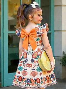 少女碎花蝴蝶结装饰荷叶袖可爱连衣裙 - 彩色 - 查看 4