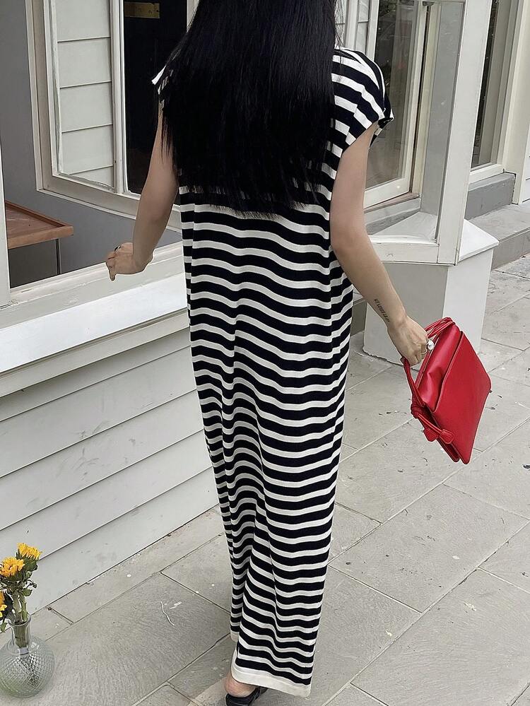 Women's Striped Loose V-Neck Contrast Color Sweater Dress Spring
