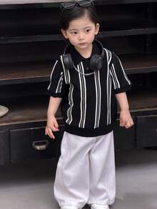 DAZY 幼儿男童条纹 Polo 领短袖针织上衣，春夏款 - 黑色 - 查看 4