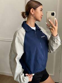 DAZY Áo khoác thể thao tay raglan phối màu tương phản phong cách thường ngày ngoài trời - Màu xanh hải quân - Xem 3
