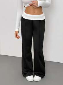 SHEIN Tall Women's Vintage Y2K Rib Knit White Turn-Down Collar Flare Pants, Casual Daily Wear Suitable For Spring/Summer Bell Bottom Pants Black Pants Black Flare Pants Flared Pants Pants Wide Leg - Black - View 4