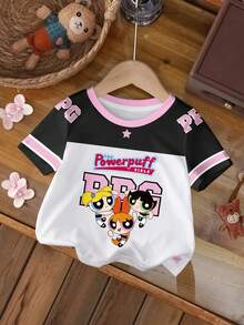 THE POWERPUFF GIRLS X SHEIN Baby Girl Blossom, Bubbles, Buttercup Pattern Color Block Round Neck Short Sleeve Top - White - View 1