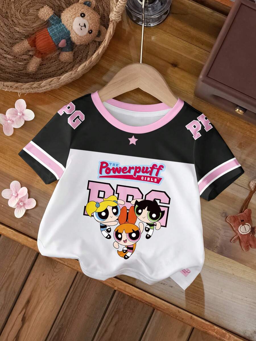 THE POWERPUFF GIRLS X SHEIN Baby Girl Blossom, Bubbles, Buttercup Pattern Color Block Round Neck Short Sleeve Top - White - View 1