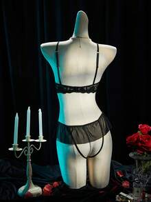 SpicyHot 2pcs Lace Contrast Mesh Underwire Hollow-Out Beaded Sexy Lingerie Set For Women