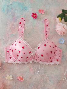 Women's Romantic Rose Floral Print Contrast Lace Twist Front Underwire Bra - Pink - View 1