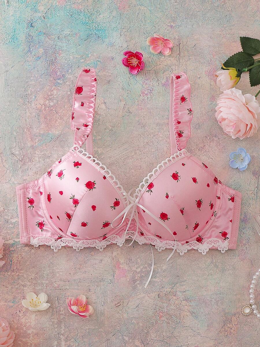 Women's Romantic Rose Floral Print Contrast Lace Twist Front Underwire Bra - Pink - View 1