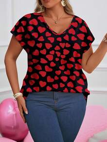 EMERY ROSE Plus Size Women Heart Print V-Neck Raglan Sleeve T-Shirt, Casual & Comfortable Top - Multicolor - View 3