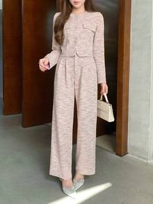 DAZY Bộ đồ nữ thanh lịch cổ tròn có túi giả, áo khoác và quần, 2 món, thích hợp cho mùa xuân, dự tiệc cưới. - Hồng - Xem 7