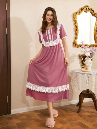 Women's Retro French Elegant Romantic Contrast Color Charming Lace Patchwork Palace Style Pearl Button Ruffle Hem Round Neck Short Sleeve Loose Nightgown